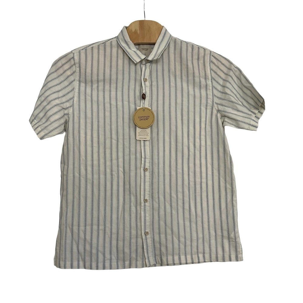 Common People Linen Blend Short Sleeve Shirt Blue Striped Size XL Beach New